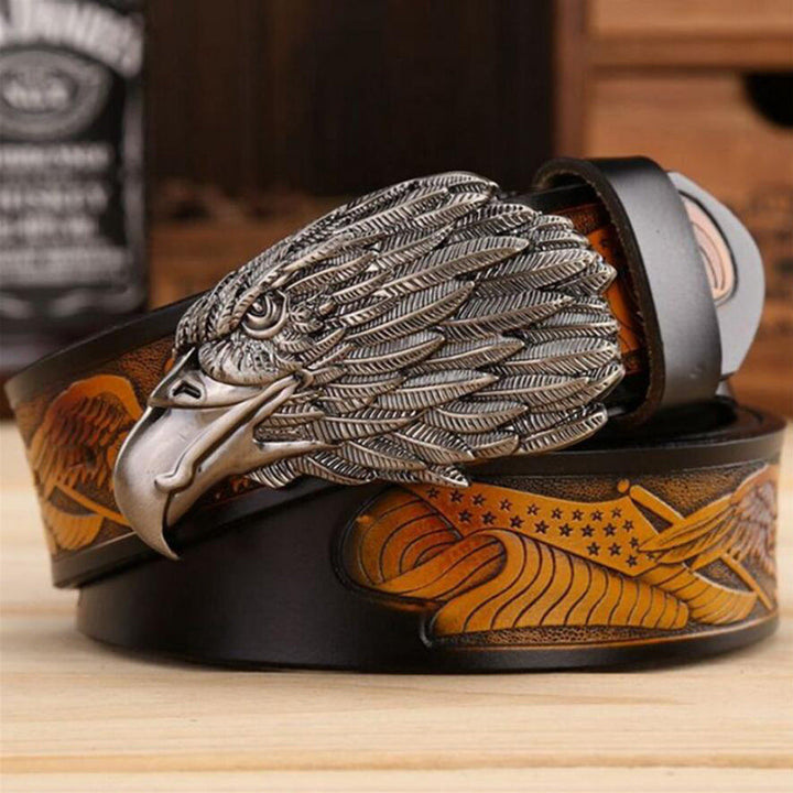 VAAGOON 4035 Black Eagle Embossed Leather Belt – Wide Eagle Buckle