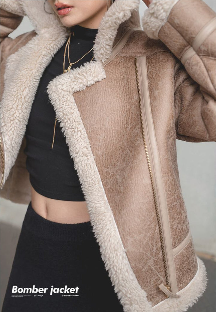 VAAGOON Bomber Imitation Lamb Fur Leather Jacket