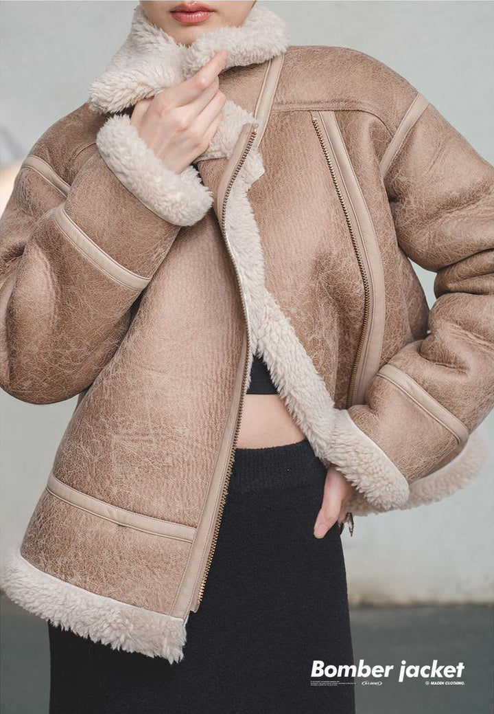 VAAGOON Bomber Imitation Lamb Fur Leather Jacket