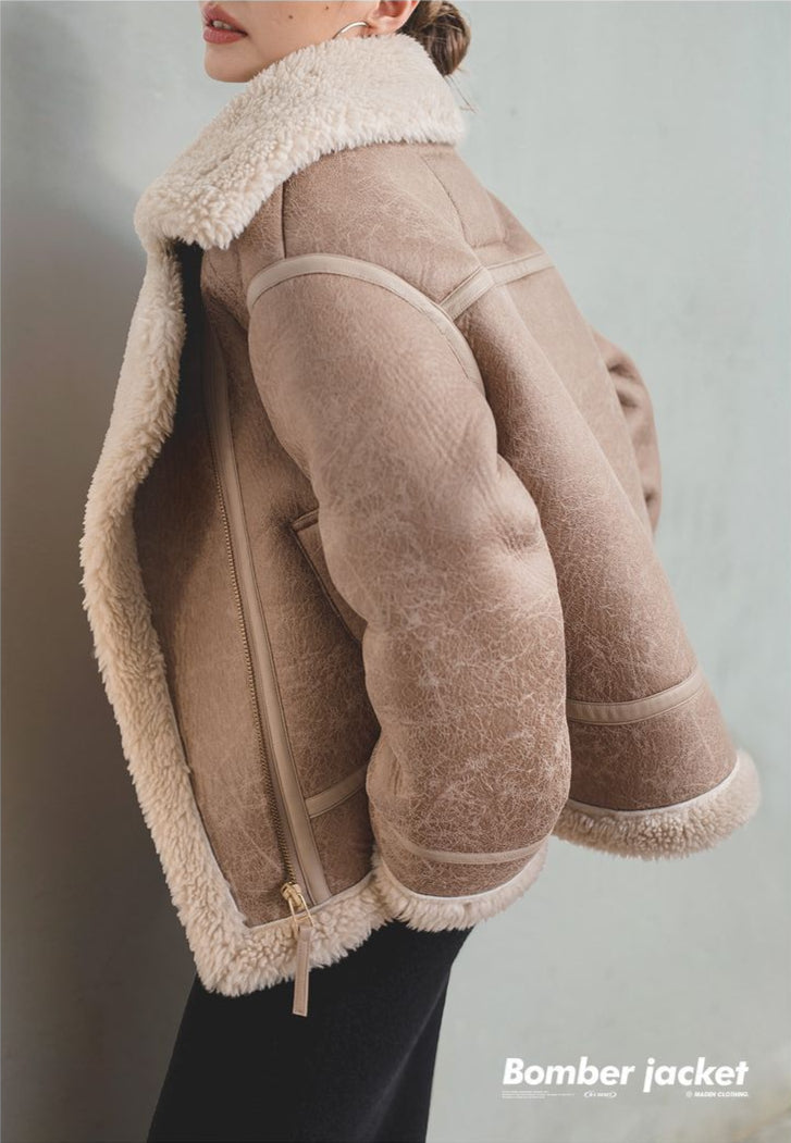 VAAGOON Bomber Imitation Lamb Fur Leather Jacket