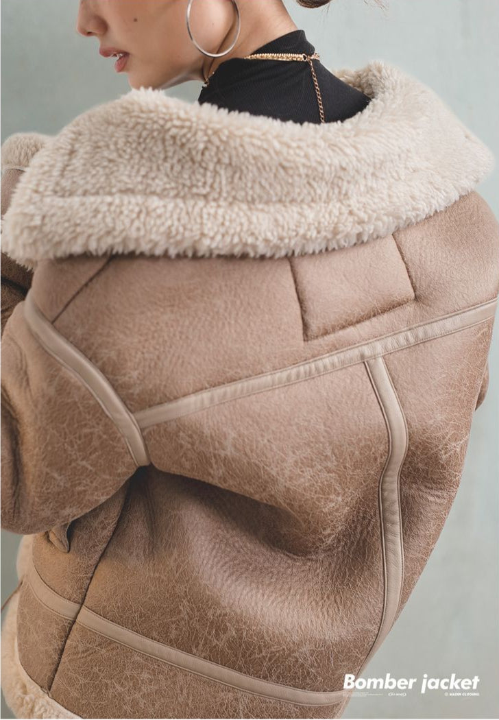 VAAGOON Bomber Imitation Lamb Fur Leather Jacket