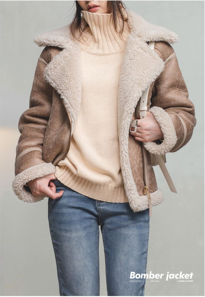 VAAGOON Bomber Imitation Lamb Fur Leather Jacket