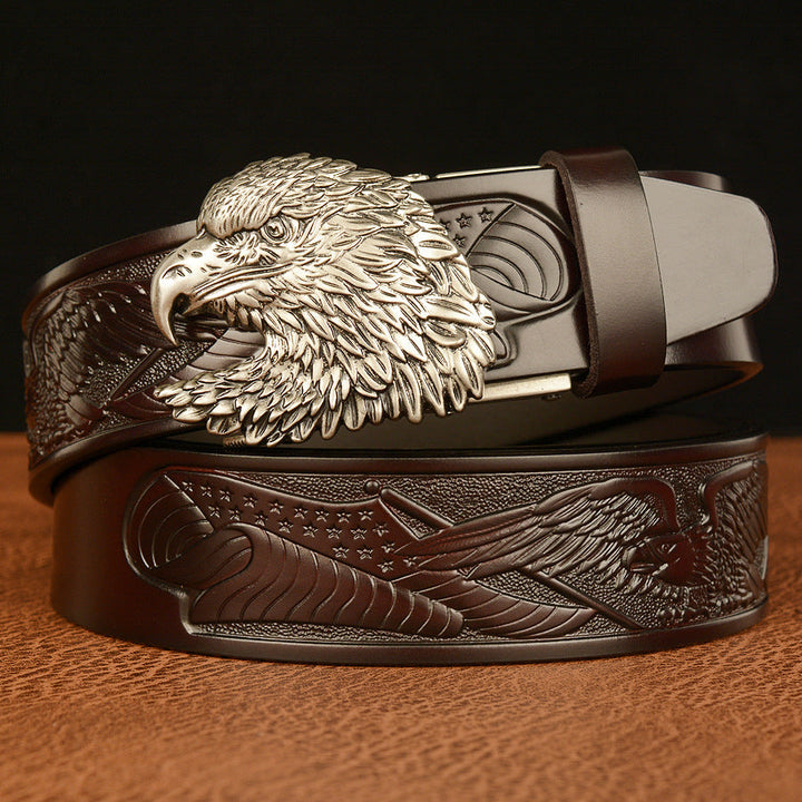 VAAGOON Black Eagle Patterned Three-Layer Leather Belt – Wide Eagle Buckle