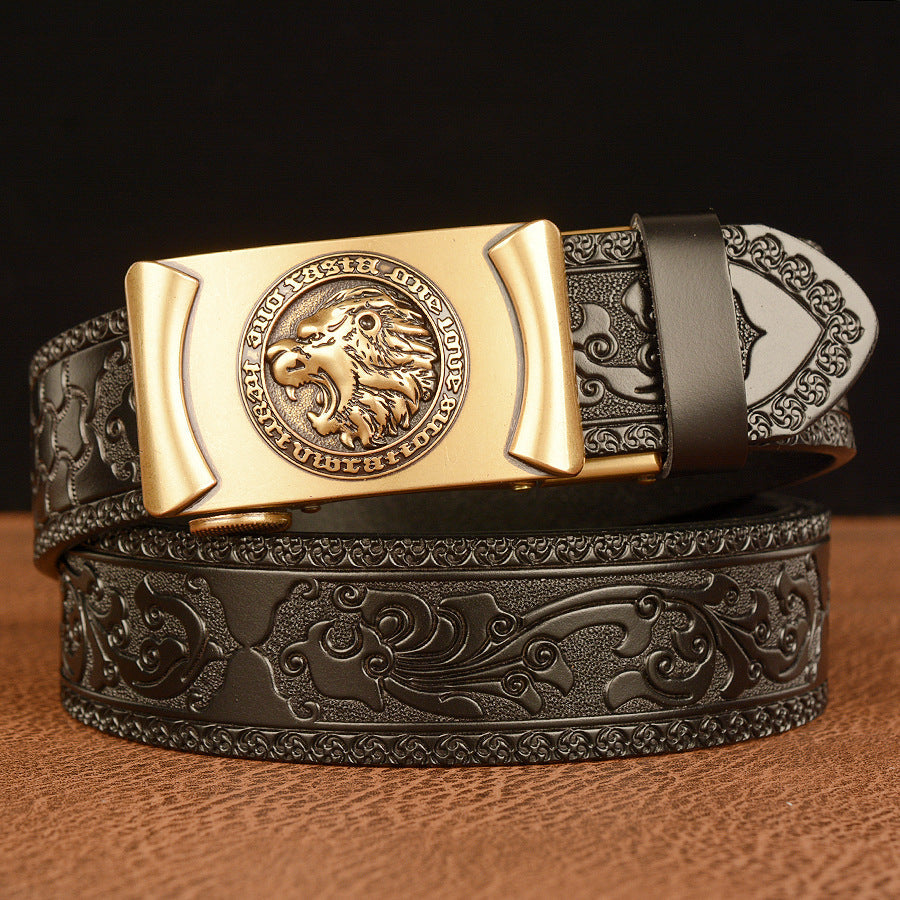 VAAGOON Engraved Black Pattern Genuine Leather Belt 04 – Lion Buckle