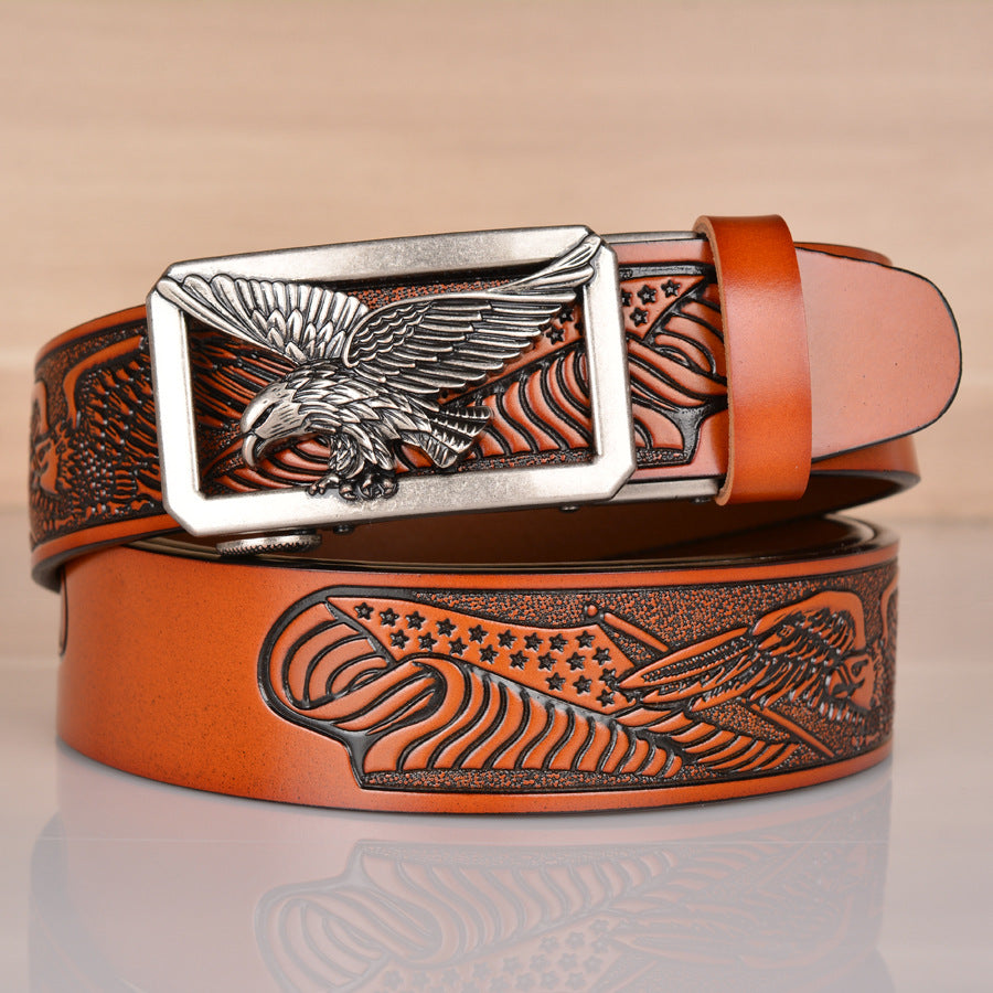 VAAGOON Engraved Black Pattern Genuine Leather Belt 02 – Eagle Buckle