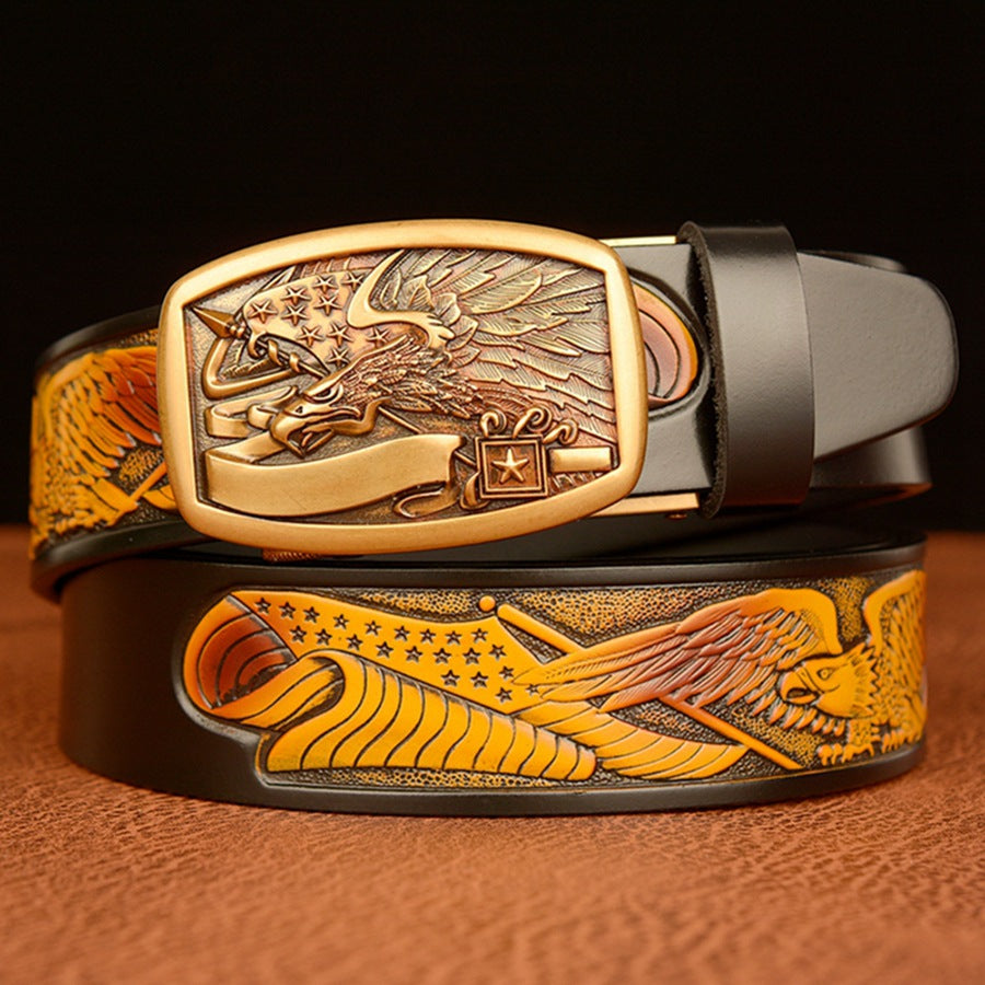 VAAGOON Engraved Black Flag Pattern Genuine Leather Belt – Eagle Buckle