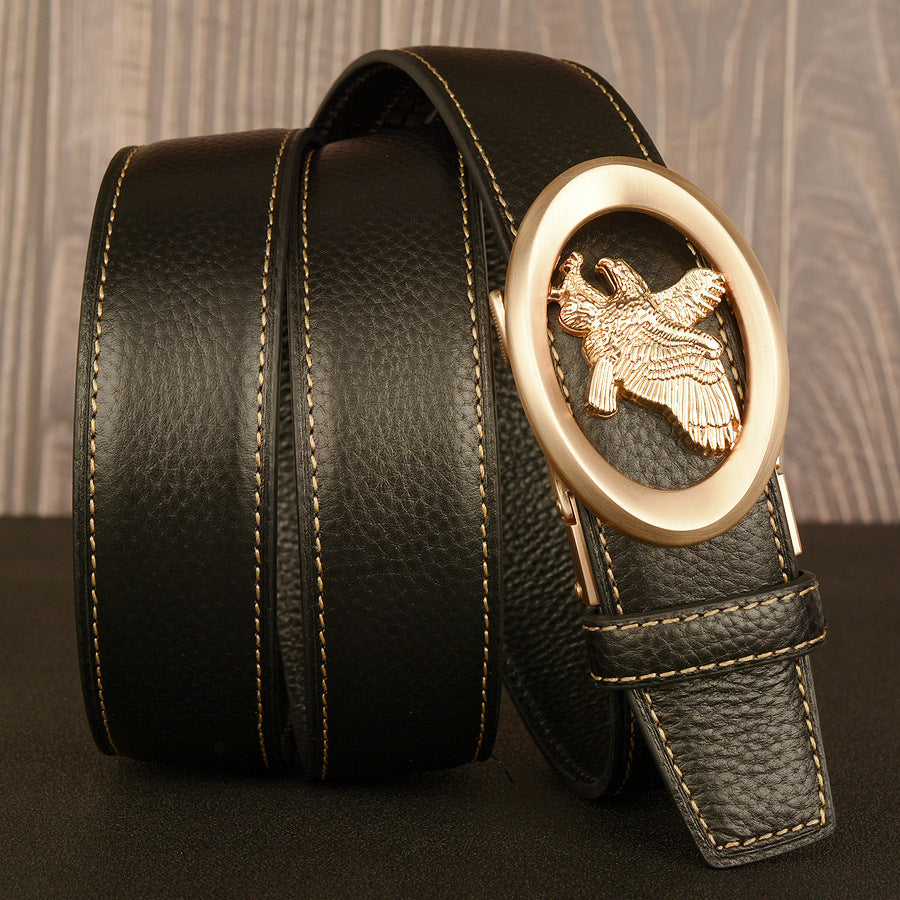 VAAGOON Black Lychee Pattern Genuine Leather Belt – Eagle Buckle