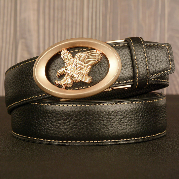 VAAGOON Black Lychee Pattern Genuine Leather Belt – Eagle Buckle