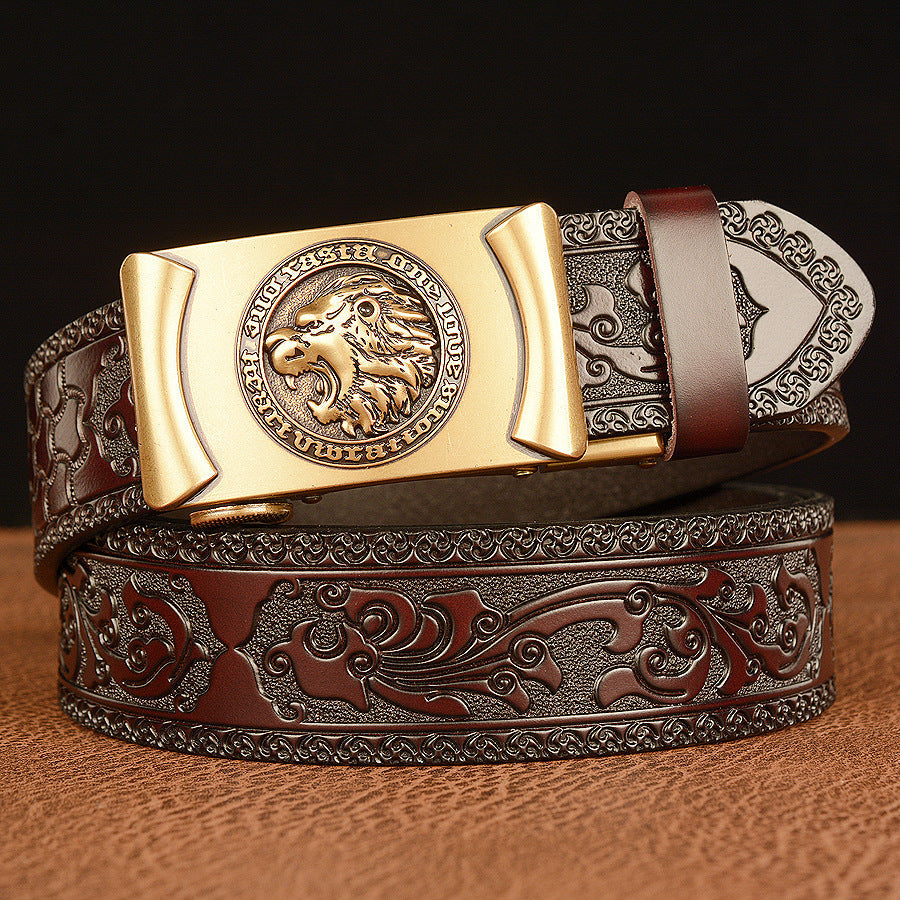 VAAGOON Engraved Black Pattern Genuine Leather Belt 04 – Lion Buckle