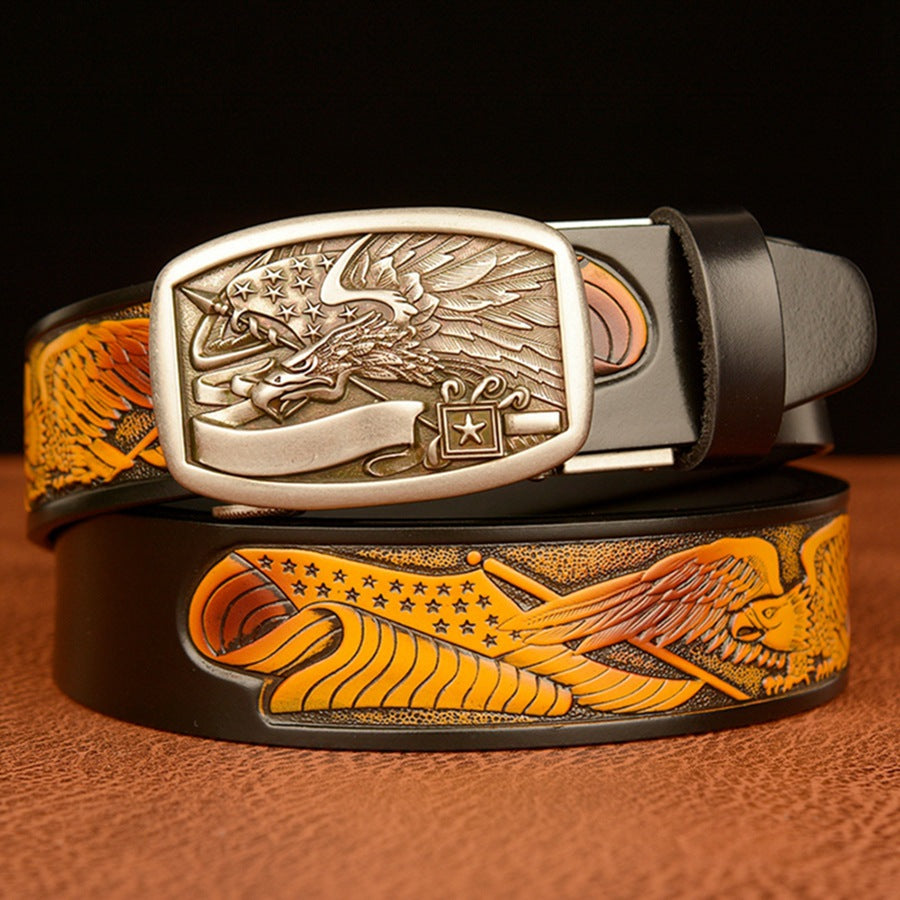 VAAGOON Engraved Black Flag Pattern Genuine Leather Belt – Eagle Buckle