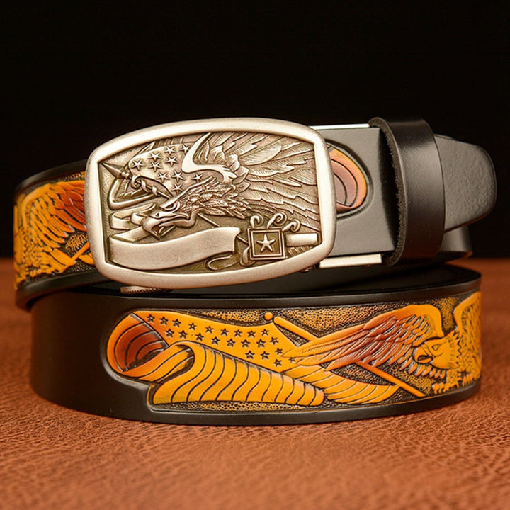 VAAGOON Engraved Black Flag Pattern Genuine Leather Belt – Eagle Buckle