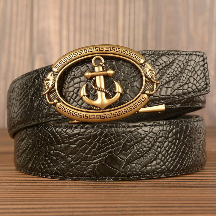 VAAGOON Black Crocodile Pattern Genuine Leather Belt – Anchor Buckle