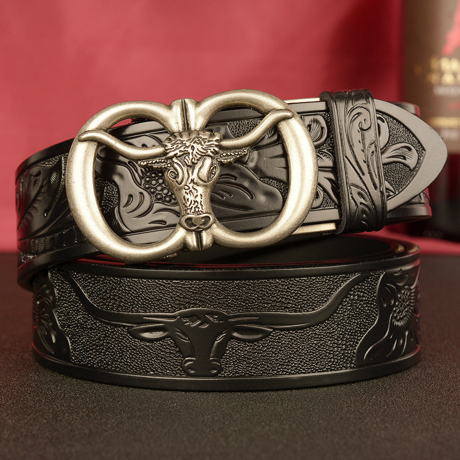 VAAGOON Black Double Ring Bull Head Buckle Leather Belt – GY034 Model