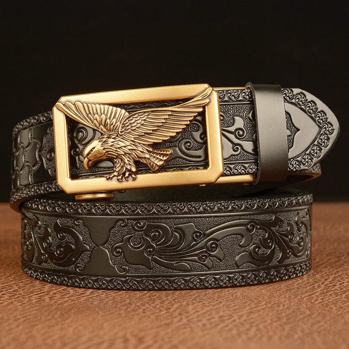 VAAGOON Engraved Pattern Black Genuine Leather Belt 01 – Eagle Buckle