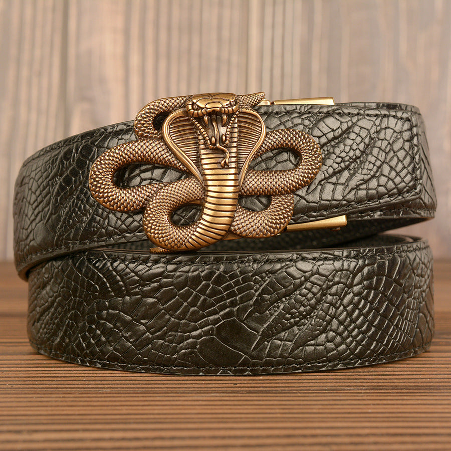 VAAGOON Black Snake Skin Pattern Genuine Leather Belt