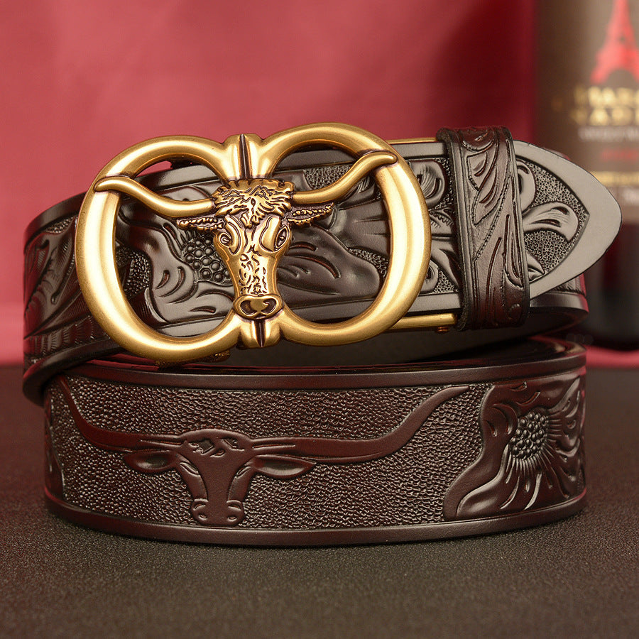 VAAGOON Black Double Ring Bull Head Buckle Leather Belt – GY034 Model