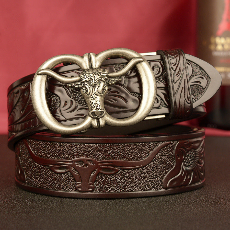 VAAGOON Black Double Ring Bull Head Buckle Leather Belt – GY034 Model