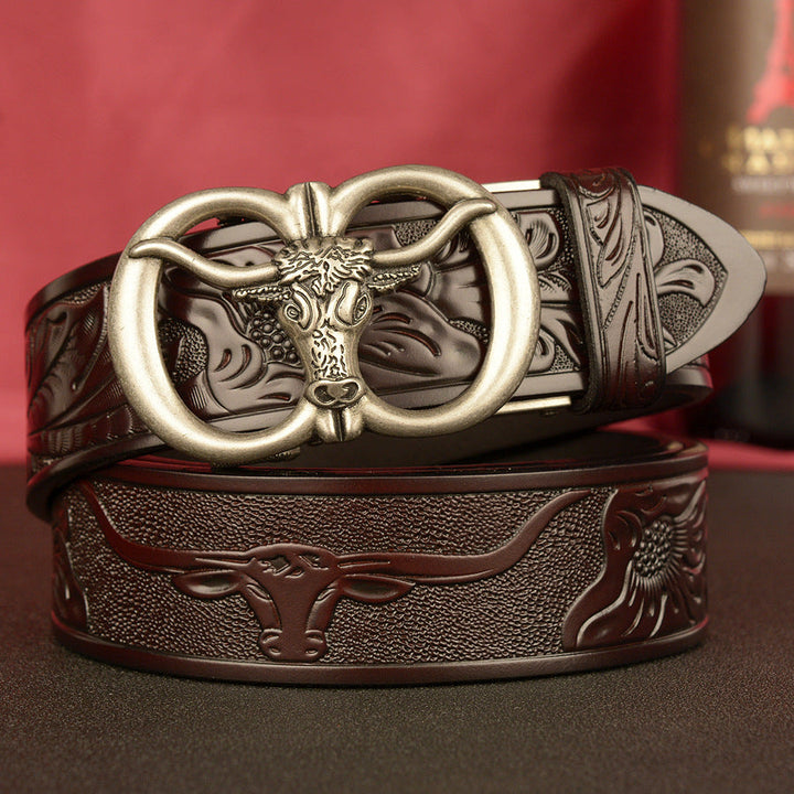VAAGOON Black Double Ring Bull Head Buckle Leather Belt – GY034 Model