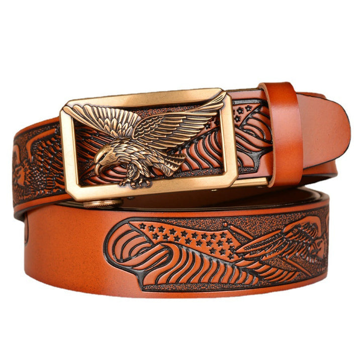 VAAGOON Engraved Black Pattern Genuine Leather Belt 02 – Eagle Buckle