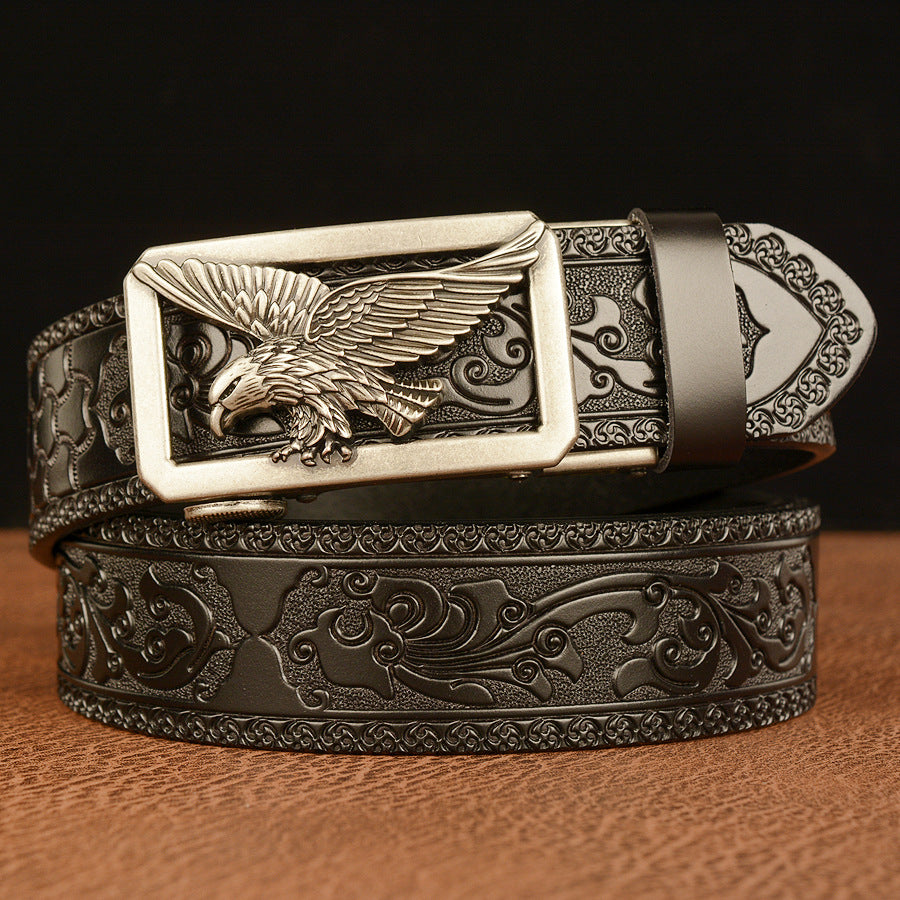 VAAGOON Engraved Pattern Black Genuine Leather Belt 01 – Eagle Buckle