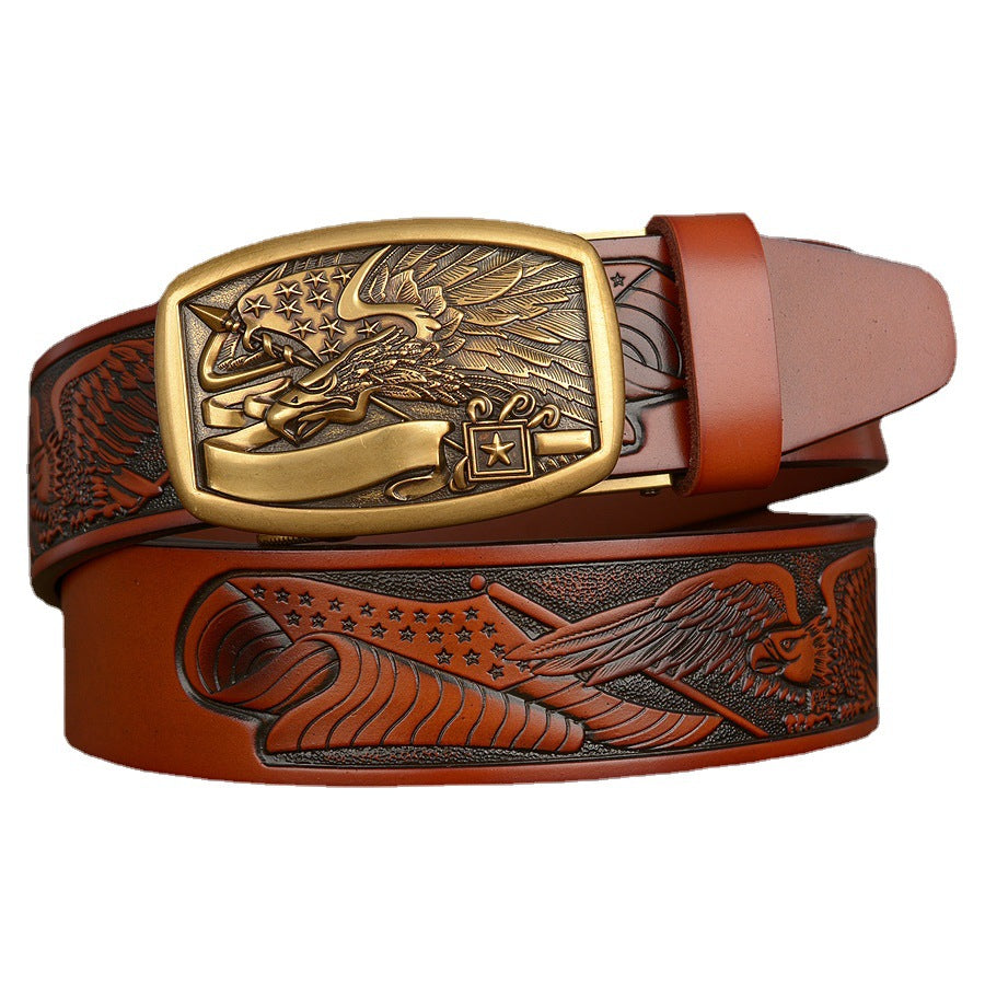 VAAGOON Engraved Black Flag Pattern Genuine Leather Belt – Eagle Buckle