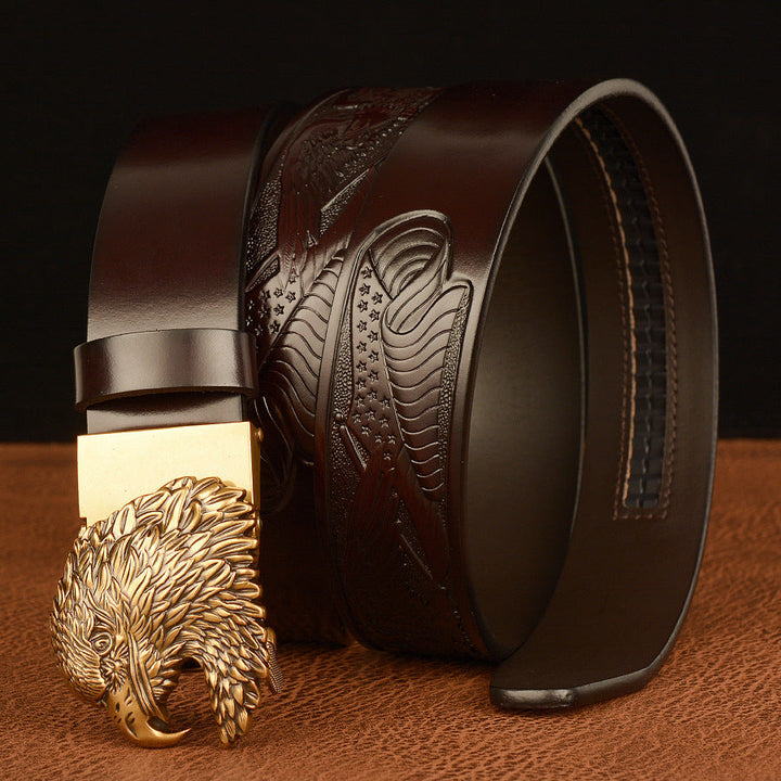 VAAGOON Black Eagle Patterned Three-Layer Leather Belt – Wide Eagle Buckle