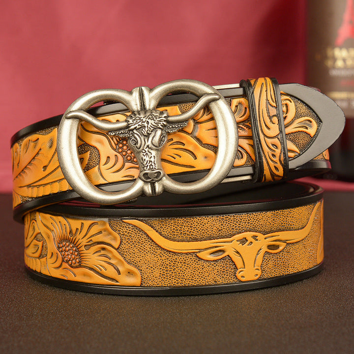 VAAGOON Black Double Ring Bull Head Buckle Leather Belt – GY034 Model