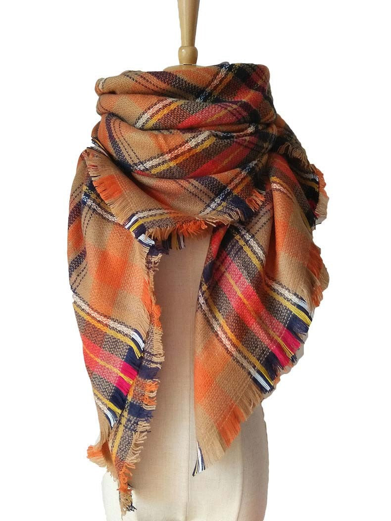 Orange Checkered Fringed Scarf