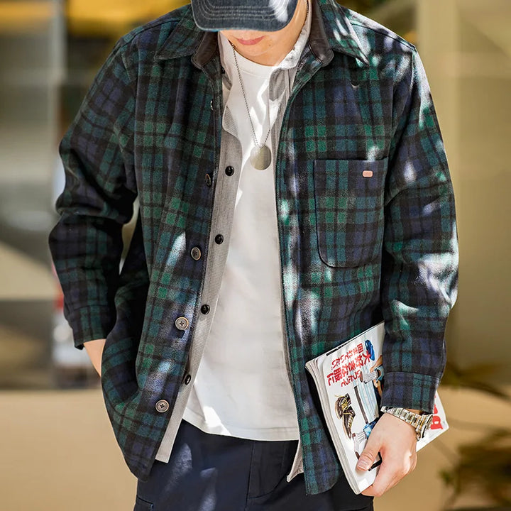 VAAGOON American Retro Blue Green Plaid Wool Shirt